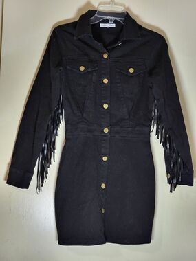 Vintage Cloud Ten Black Western Fringed Mini Dress with Script Label S